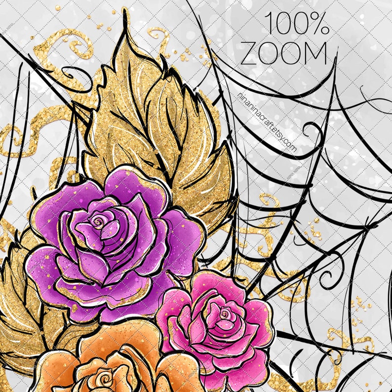 May include: A digital illustration of a bouquet of roses with gold glitter accents. The roses are pink, purple, and orange. The background is a gray and white pattern with a black spiderweb.