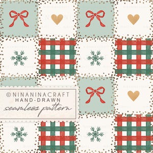 May include: A seamless pattern featuring a grid of alternating squares. Some squares contain red and green plaid, while others feature red bows, gold hearts, or green snowflakes on a cream background with gold glitter accents and text.