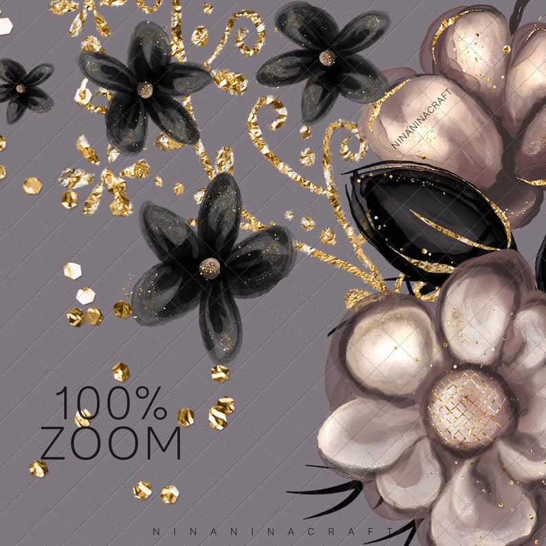 Peut inclure: Illustration num&eacute;rique avec des &eacute;l&eacute;ments floraux noirs et dor&eacute;s sur fond gris. Le design comprend des fleurs stylis&eacute;es, des accents de paillettes dor&eacute;es et le texte "100% ZOOM". L'esth&eacute;tique g&eacute;n&eacute;rale est &eacute;l&eacute;gante et d&eacute;corative.
