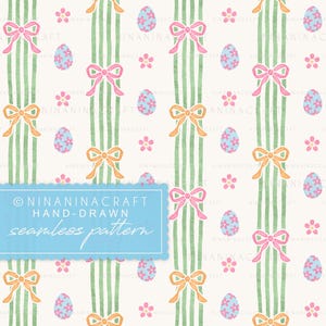Pode incluir: Padrão sem costura com listras verdes, laços rosa e laranja, ovos de Páscoa azuis com desenhos florais e pequenas flores rosa sobre fundo creme. Inclui o texto "NINANINACRAFT HAND-DRAWN seamless pattern".