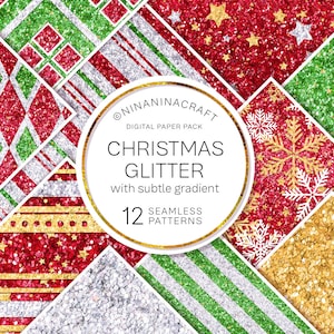 Christmas Glitter Digital Paper, Christmas Glitter Seamless Patterns, Stars Scrapbook Paper, Sparkle, Snowflake, Red, Green, Gold Stripes