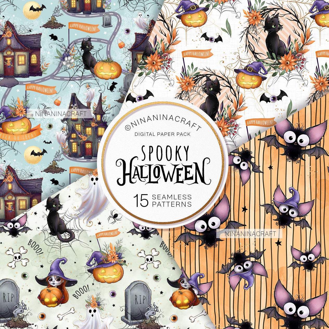 Cute Halloween Seamless Pattern Pack, Spooky Digital Papers by ...