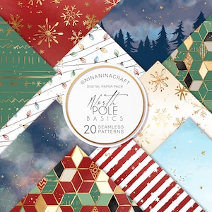 以下が含まれることがあります： 雪片、ライト、幾何学模様など、さまざまなクリスマスのテーマを特徴とする、シームレスなパターンが20種類入ったデジタルペーパーパックです。パックのタイトルは「North Pole Basics」です。