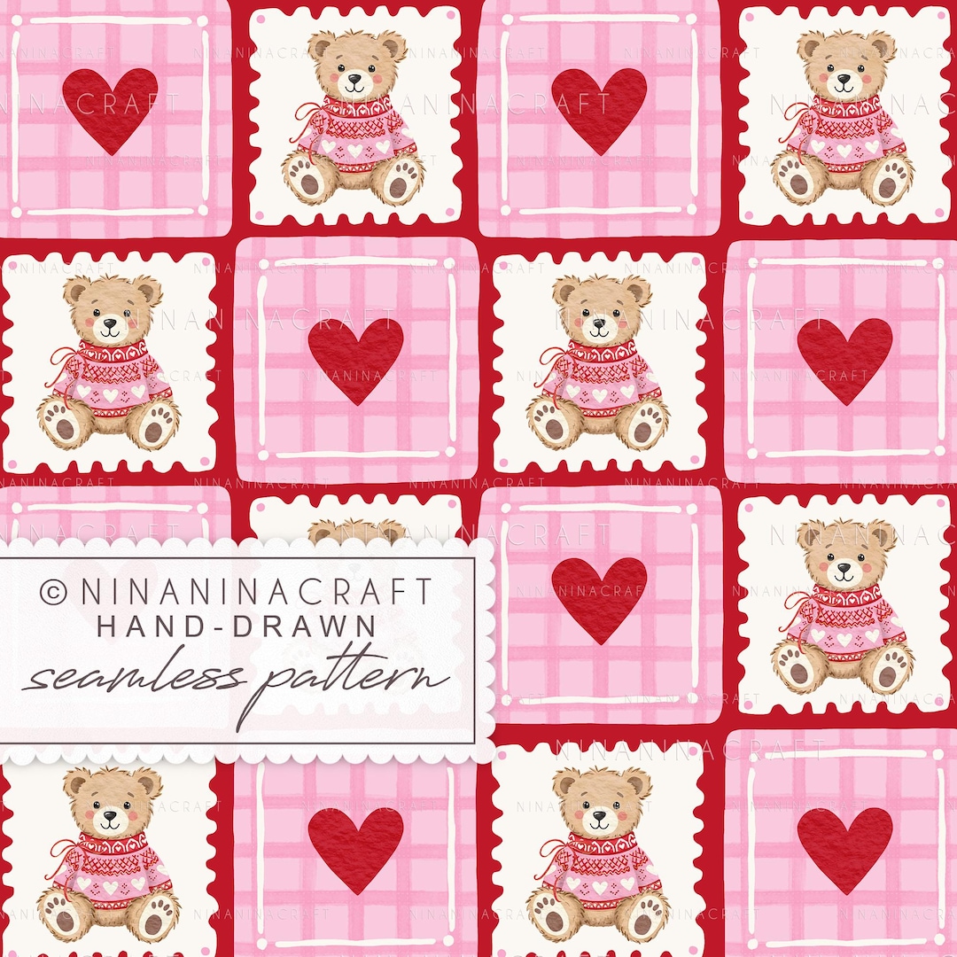 Love Teddy Bear Seamless Pattern by Ninaninacraft: Pink and Red Preppy ...