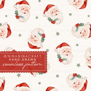 May include: A seamless pattern featuring Santa Claus faces with red hats and white beards, accented with holly and berries, and green stars on a cream background. The text "NINANINACRAFT HAND-DRAWN seamless pattern" is in a red rectangle.