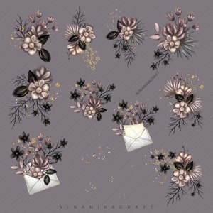 Peut inclure: Illustration num&eacute;rique de bouquets floraux dans les tons rose, noir et or. Les bouquets pr&eacute;sentent diff&eacute;rents types de fleurs et de feuillages, certains s'&eacute;chappant d'enveloppes blanches. Le fond est un motif matelass&eacute; gris.