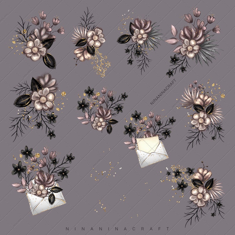 Peut inclure: Illustration num&eacute;rique de bouquets floraux dans les tons rose, noir et or. Les bouquets pr&eacute;sentent diff&eacute;rents types de fleurs et de feuillages, certains s'&eacute;chappant d'enveloppes blanches. Le fond est un motif matelass&eacute; gris.