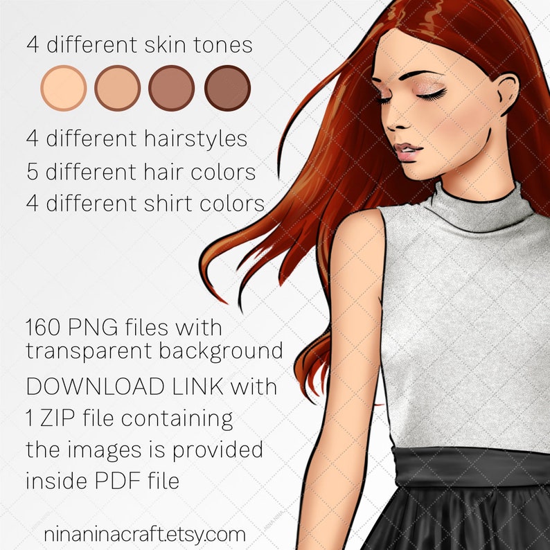 Pu&ograve; includere: Un'illustrazione digitale di una donna con lunghi capelli rossi, che indossa una camicia a collo alto grigia e una gonna nera. L'immagine fa parte di un set di 160 file PNG con sfondi trasparenti, che offre diverse tonalit&agrave; della pelle, acconciature, colori di capelli e colori di camicia. Il link per il download &egrave; fornito in un file PDF.