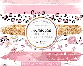 Pink Glamour Clip Art Brush Strokes, PNG Files by NinaNinaCraft, Glitter Paint Brush PNG, Planner Stickers, Leopard Print, Stars