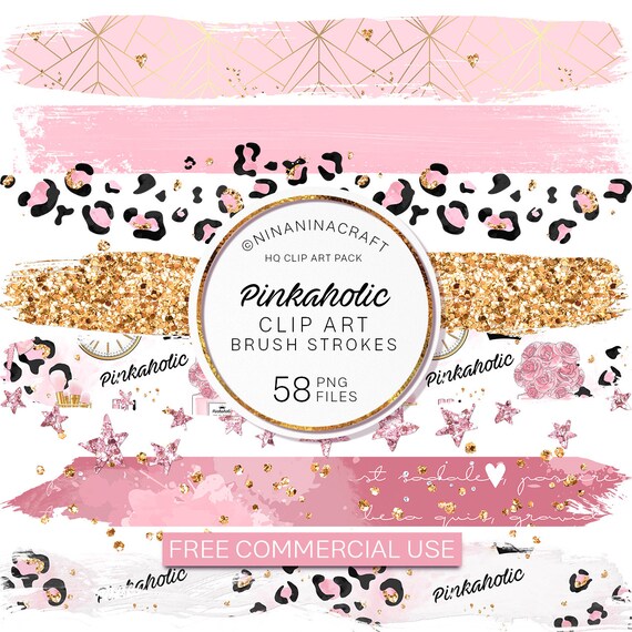 Pink Glamour Clip Art Brush Strokes, PNG Files by NinaNinaCraft, Glitter Paint Brush PNG, Planner Stickers, Leopard Print, Stars