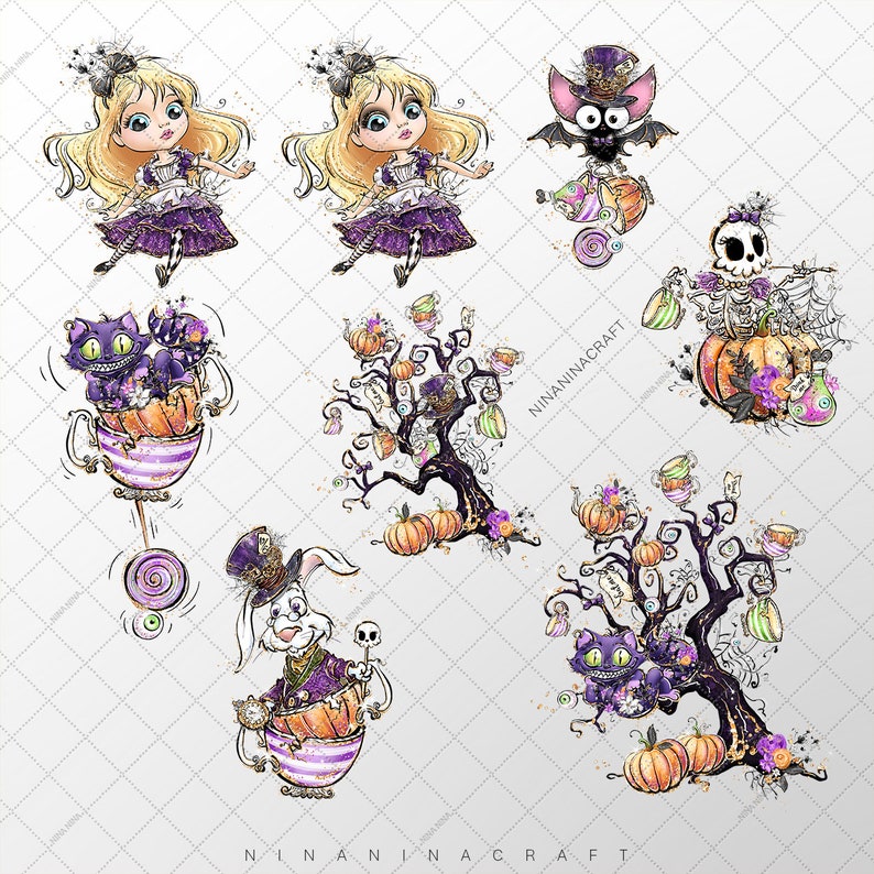 May include: A set of digital clipart featuring a whimsical Halloween theme. The images include a spooky tree with pumpkins, a black cat in a teacup, a white rabbit in a teacup, a skeleton holding a pumpkin, a bat, and two versions of a girl dressed as Alice in Wonderland.