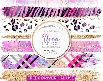 Imágenes prediseñadas de neón abstracto, imágenes prediseñadas de pinceladas de NinaNinaCraft, pegatinas de planificador de color rosa intenso, estampado animal colorido, brillo