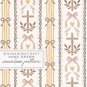 May include: Seamless pattern with a repeating design of crosses, bows, hearts, and leaves in shades of brown, beige, and peach. The pattern includes vertical stripes and scalloped borders. The text "NinaninaCraft Hand-Drawn seamless pattern" is visible.