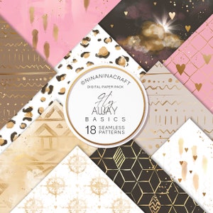 Könnte beinhalten: Digitales Papierpaket mit 18 nahtlosen Mustern. Die Muster zeigen eine Vielzahl von Designs, darunter Leopardenmuster, geometrische Formen, Herzen und Wolken. Das Paket trägt den Titel "Fly Away Basics".
