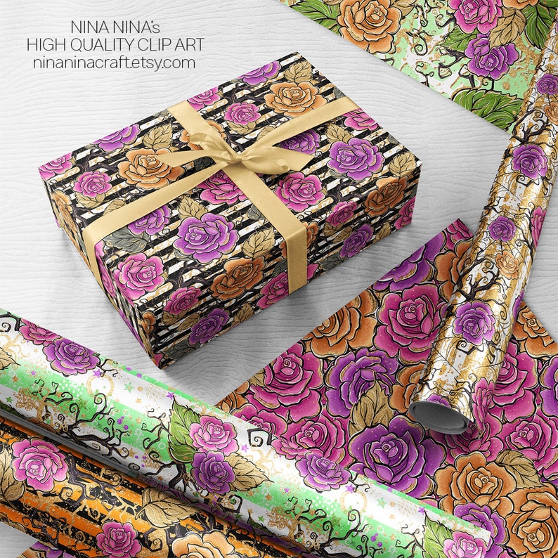 May include: A set of four wrapping paper designs featuring a black and white striped pattern with pink and orange roses, a silver foil pattern with purple and orange roses, and two green and orange patterns with a spooky tree and stars. The text "NINA NINA's HIGH QUALITY CLIP ART ninaninacraftetsy.com" is printed on the top of one of the wrapping paper designs.