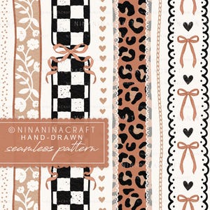 Rustic Seamless Pattern by NinaNinaCraft: Vintage Preppy Bows, Leopard Print, Checker and Lacy Stripes (Digital Download)