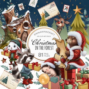 Niedliche Weihnachten Clip Art, Waldtiere Clipart von NinaNinaCraft, Sticker, Igel, Weihnachtsmann Bär, Hase, Waschbär, Rentier