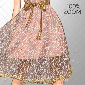 May include: Illustration of a dress with a pink underlay and a white lace overlay. The dress features a gold sequined belt and scattered gold accents. The text "100% ZOOM" is visible in the upper right corner.