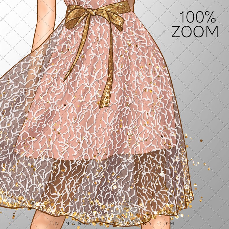 May include: Illustration of a dress with a pink underlay and a white lace overlay. The dress features a gold sequined belt and scattered gold accents. The text "100% ZOOM" is visible in the upper right corner.