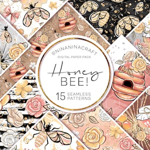 Può includere: Un pacchetto di carta digitale con 15 motivi senza cuciture che presentano api, favi, fiori e barattoli di miele. I motivi sono in tonalità di rosa, oro e nero. Il testo "Honey Bee!" è in un cerchio dorato con un contorno nero.
