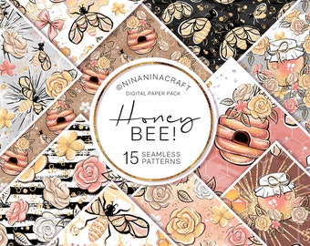 Honey Bee Digital Papers, Fashion Seamless Patterns, Gold Glitter Flowers, Beehive, Honeycomb, Glam Fabrics, Cute Background, Planner Supply