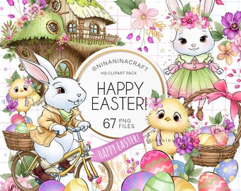 May include: A digital clipart pack with 67 images featuring a whimsical Easter theme. The images include a bunny riding a bicycle, a chick, a bunny wearing a dress, a house, flowers, and Easter eggs.