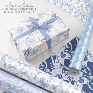 May include: A set of four blue and white patterned gift wrapping papers. The papers feature floral designs with bows and ribbons. The text "Seamless High Quality Patterns NINANINACRAFT" is printed on the top of the image.
