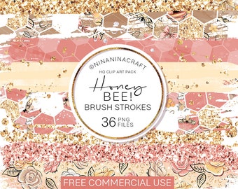 36 Paint Brush Strokes Clipart pack, Honey Bee Clip Art, Watercolor Strokes, Pink Gold Glitter Planner Stickers, Printable Label, Spatter,