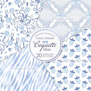 May include: A collection of 20 hand-drawn seamless patterns in blue and white. The patterns include floral designs, a zebra stripe pattern, a strawberry pattern, and a lace pattern. The patterns are labeled "Coquette Blue" and are perfect for crafting and design projects.