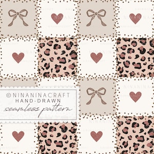 Könnte beinhalten: Nahtloses Muster mit sich wiederholenden Quadraten mit Leopardenmuster, Schleifen und Herzen in Beige, Braun und Rosa. Der Text "NINANINACRAFT HAND-DRAWN seamless pattern" ist sichtbar. Das Design ist sanft und feminin.
