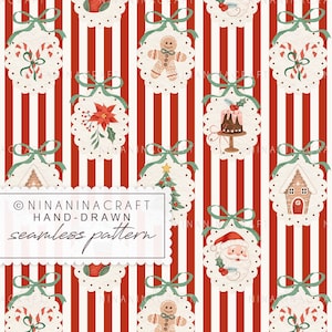 Puede incluir: Un patrón navideño sin costuras con adornos festivos, hombres de jengibre, bastones de caramelo y Papá Noel sobre un fondo a rayas rojas y blancas. Cada adorno está adornado con un lazo verde. El texto "NinaninaCraft Hand-Drawn seamless pattern" es visible.