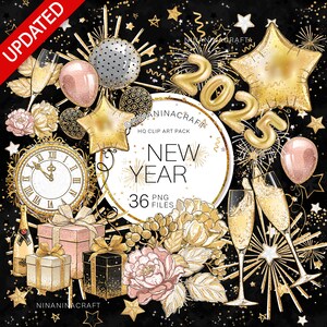 Clipart de ano novo, adesivos de planejador de ano novo, clipart de festa, PNG de tecido com glitter dourado, champanhe, copos, peônias, balões, relógio, estrela