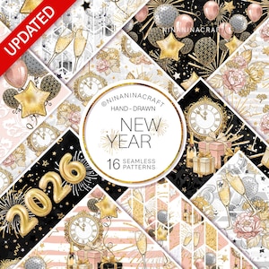 New Year Digital Paper Pack, Peony Flowers Seamless Patterns, Party Fabric, Scrapbook Planner, Clock, Champagne, Firework, Balloons, Glitter
