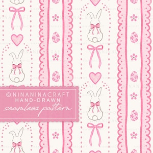 Könnte beinhalten: Ein nahtloses Muster mit rosa Schleifen, Herzen, Blumen und Ostereiern auf cremefarbenem Hintergrund. Das Design umfasst Hasenillustrationen mit rosa Schleifen. Der Text "NINANINACRAFT HAND-DRAWN seamless pattern" wird in einem rosa Rechteck angezeigt.