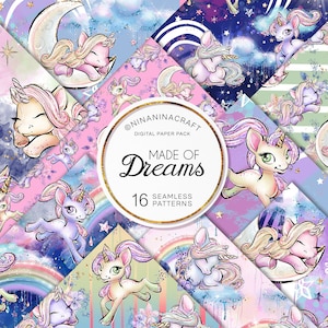 Simpatico pacchetto di carta digitale con unicorni e arcobaleni per bambini, modelli senza cuciture per la cameretta dei bambini di NinaNinaCraft, bambino che dorme, stelle glitterate, bella luna