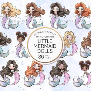 Süße Meerjungfrau Clipart von NinaNinaCraft, PNG handgezeichnete Meerjungfrauen, Glitzerpuppen Planer Stickers, Stoff PNG POD Zubehör