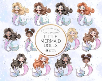 Cute Mermaid Clipart by NinaNinaCraft, Hand-Drawn Mermaids PNG, Glitter Dolls Planner Stickers, Fabric PNG POD Supplies