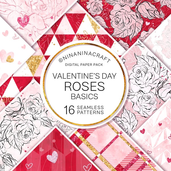 Valentine's Day Roses Basic Digital Papers, Flowers Seamless pattern, Valentines Fabric, Scrapbook Paper, Hand-painted Roses, Floral Drawing