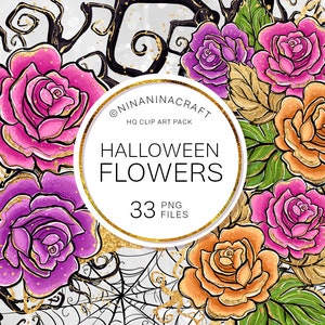 May include: A digital clip art pack of 33 Halloween themed flowers. The flowers are in shades of pink, purple, orange, and yellow with gold glitter accents. The flowers are arranged on a black and white background with a spider web design. The text "HALLOWEEN FLOWERS" is in a gold circle with the number "33" and the words "PNG FILES" below it.