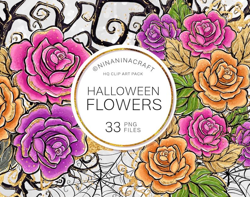 May include: A digital clip art pack of 33 Halloween themed flowers. The flowers are in shades of pink, purple, orange, and yellow with gold glitter accents. The flowers are arranged on a black and white background with a spider web design. The text "HALLOWEEN FLOWERS" is in a gold circle with the number "33" and the words "PNG FILES" below it.