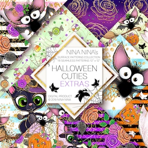 Cute Halloween Digital Paper Pack, Halloween Seamless Patterns, Spooky Fabric Patterns, Bat, Cat, Candy, Flowers, Pumpkins, Glitter Planner