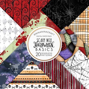 Scary Mix Halloween Seamless Pattern Pack, Digital Papers by NinaNinaCraft, Patches, Fabric Design, Swirls, Stripes, Skulls, Spider Web