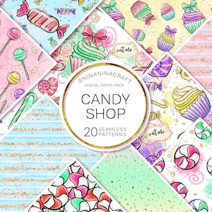 Candy Digital Papers, Sommer Papier Pack, Oberflächenmuster, Nahtlose Muster für Stoffdruck, Glitzermuster, Planner Aufkleber, Süßigkeiten