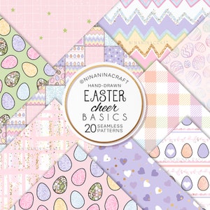 Lindo paquete de papel digital de Pascua, Patrones sin costuras de primavera por NinaNinaCraft, Huevos, Flores, Chevron, Arco iris pastel, Diseño de tela coordinado