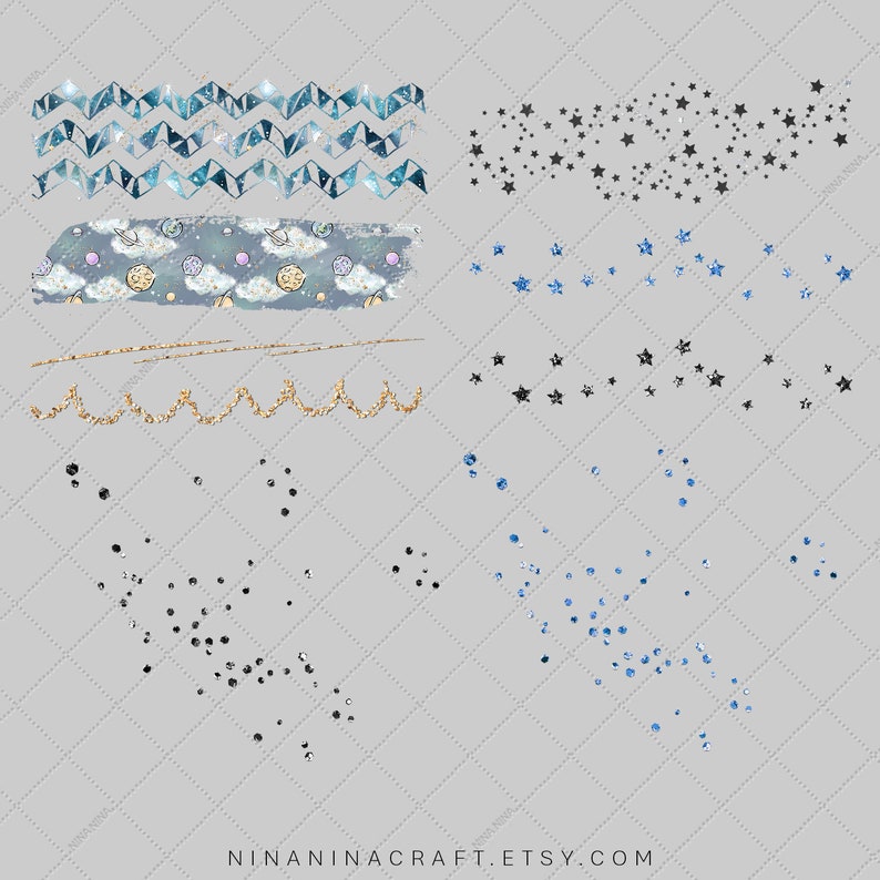 May include: A set of digital clipart images featuring various celestial designs, including stars, glitter, and a wavy pattern. The images are in shades of blue, black, and gold.