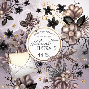 Peut inclure: Un pack d'art num&eacute;rique intitul&eacute; "Midnight Florals" pr&eacute;sentant des illustrations &agrave; l'aquarelle de fleurs, de papillons et d'une libellule dans des tons de noir, d'or et de mauve. Comprend 44 fichiers PNG.