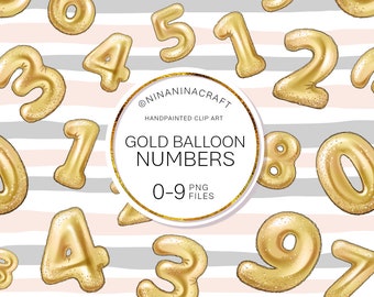 Gold Foil Balloon Numbers 0-9 Clip Art Pack, Gold glitter Number clipart, Planner Stickers, Birthday numbers, Party, PNG, Painted numbers
