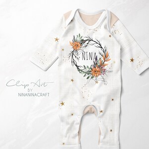May include: White baby onesie with a gold glitter pattern and gold stars. The onesie has a black and white wreath with orange and purple flowers and the name "NINA" in the center.
