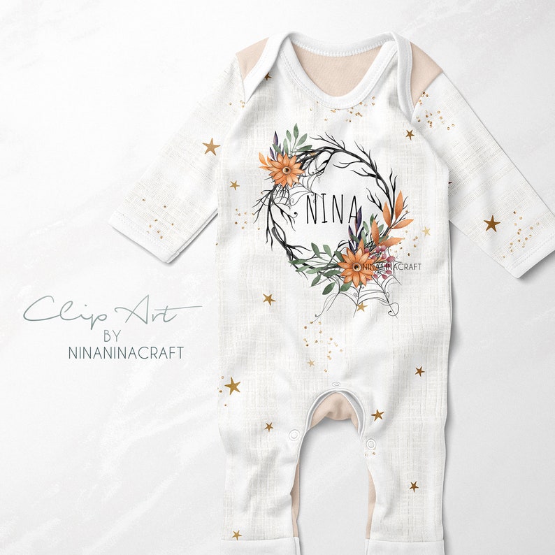 May include: White baby onesie with a gold glitter pattern and gold stars. The onesie has a black and white wreath with orange and purple flowers and the name "NINA" in the center.