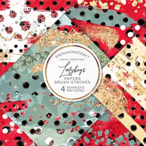 Carte digitali con tratti di pennello coccinella, modelli senza cuciture di NinaNinaCraft, design con schizzi di vernice, scintillii glitter dorati, motivo di superficie